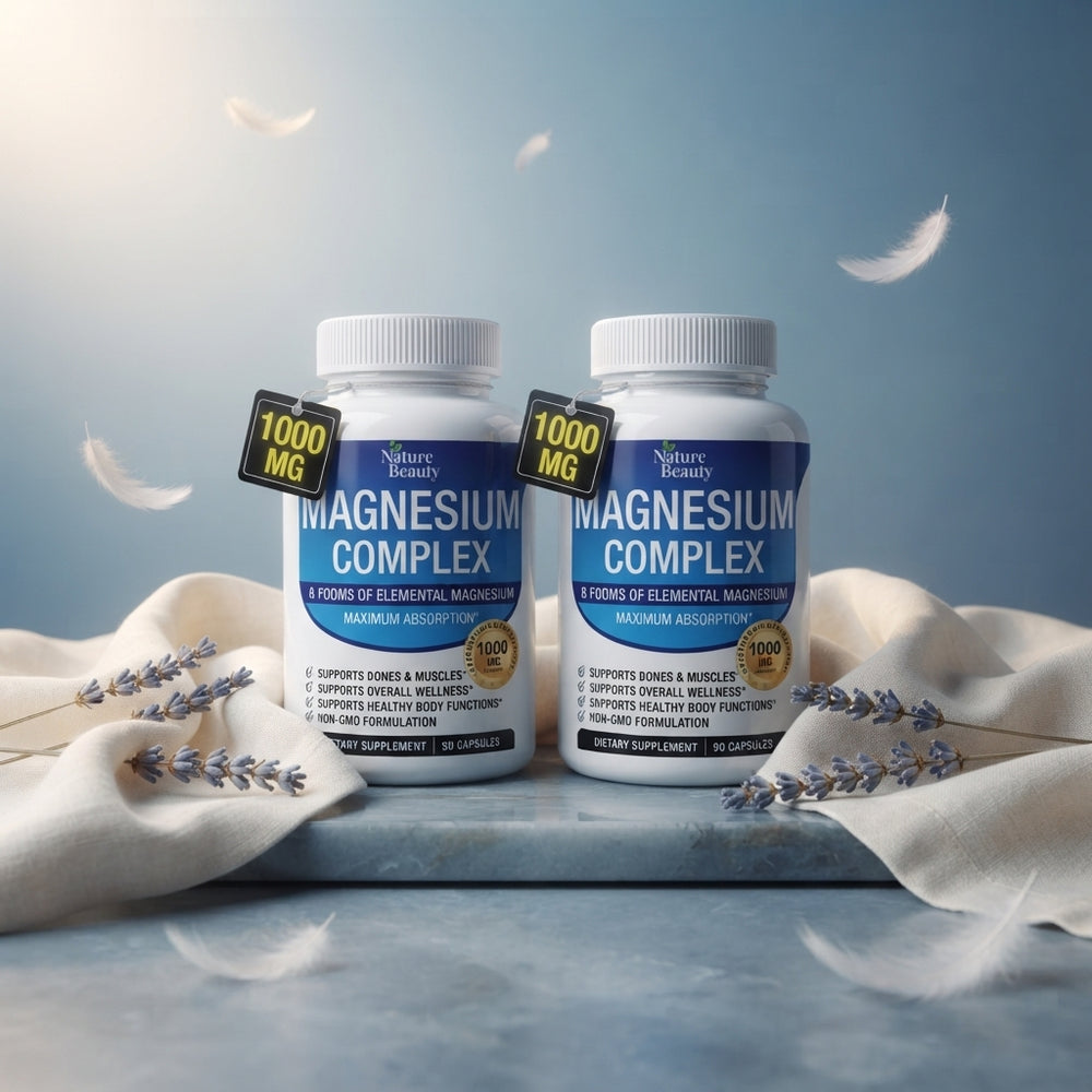 Two bottles of 8-Form Magnesium Complex on a stone surface with soft cream linens and lavender against a blue gradient backgr